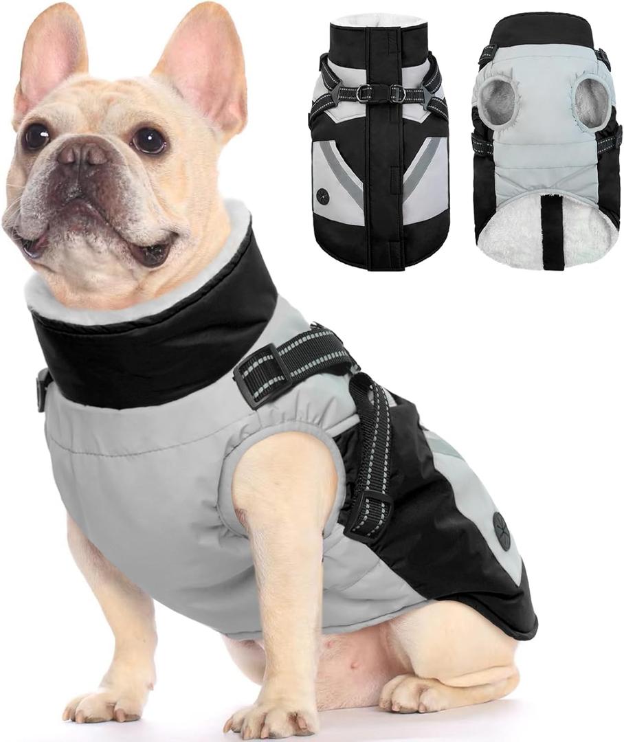 FUAMEY Dog Winter Jackets for Small Dogs, Dog Coat with Harness Built in, Waterproof Dogs Snowsuits, Warm Pet Jacket, Zip Up Fleece, Cold Weather Coats ,Reflective Puppy Vest with Pocket ,Black S