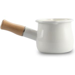 0.6qt Mini Enamel Milk Pot Insulated Wooden Handle 2 Pour Spouts Small Food Warmer Cute Saucepan(D015,White)