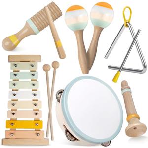 Baby Musical Instruments-Montessori Wooden Toys for Toddlers 1-3, Neutral Colors Percussion Instruments Set with Modern Boho Xylophone for Kids Preschool Educational 3+