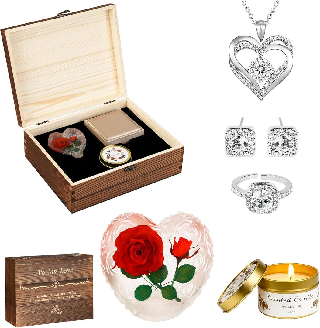 Preserved Roses with Heart Necklace & Candle, Mothers Day Gifts for Mom Eternal Flowers Rose Birthday Gifts for Women Girlfriend Wife Mom, To My Love Unique Gift On Mothers Day Anniversary (Silver)