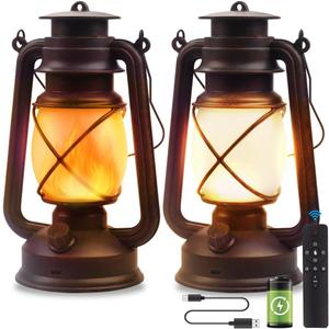 Lantern LED Battery Powered Camping Lamp Outdoor Hanging Rechargeable Lantern Flickering Flame Retro Lanterns Remote Control 4 Modes Light Non-Solar 2 Pack