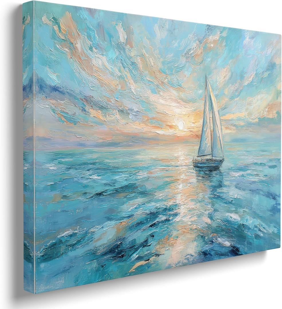 Blue And White Sailboat Nautical Ocean Picture Wall Decor Framed Nature Sunset Abstract Canvas Wall Art Contemporary Cool Prints Poster Sea Scene Painting for Living Room Bedroom Bathroom (16"x24")