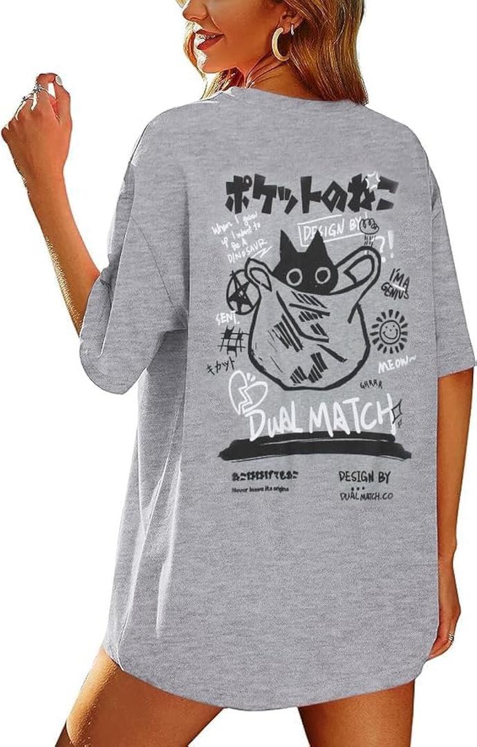 Womens Vintage Graphic Tee Shirt Cat Print Short Sleeve Loose Tunic Tops Gothic Oversized Punk Baggy Shirts (Gray, XL)