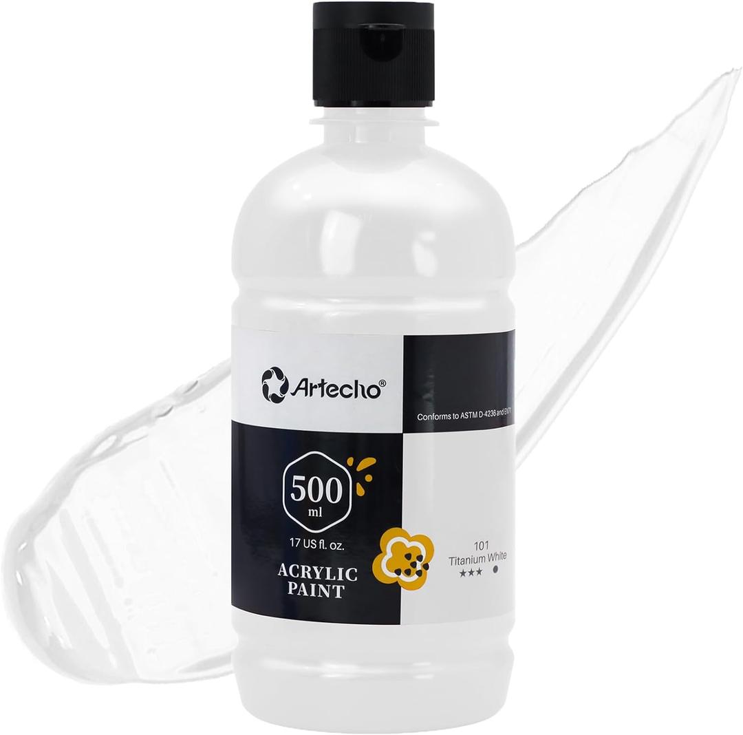 Artecho White Acrylic Paint Large Bottle 500ml / 17oz, White Paint for Canvas, Rocks, Wood, Fabric, Ceramic, Non Toxic