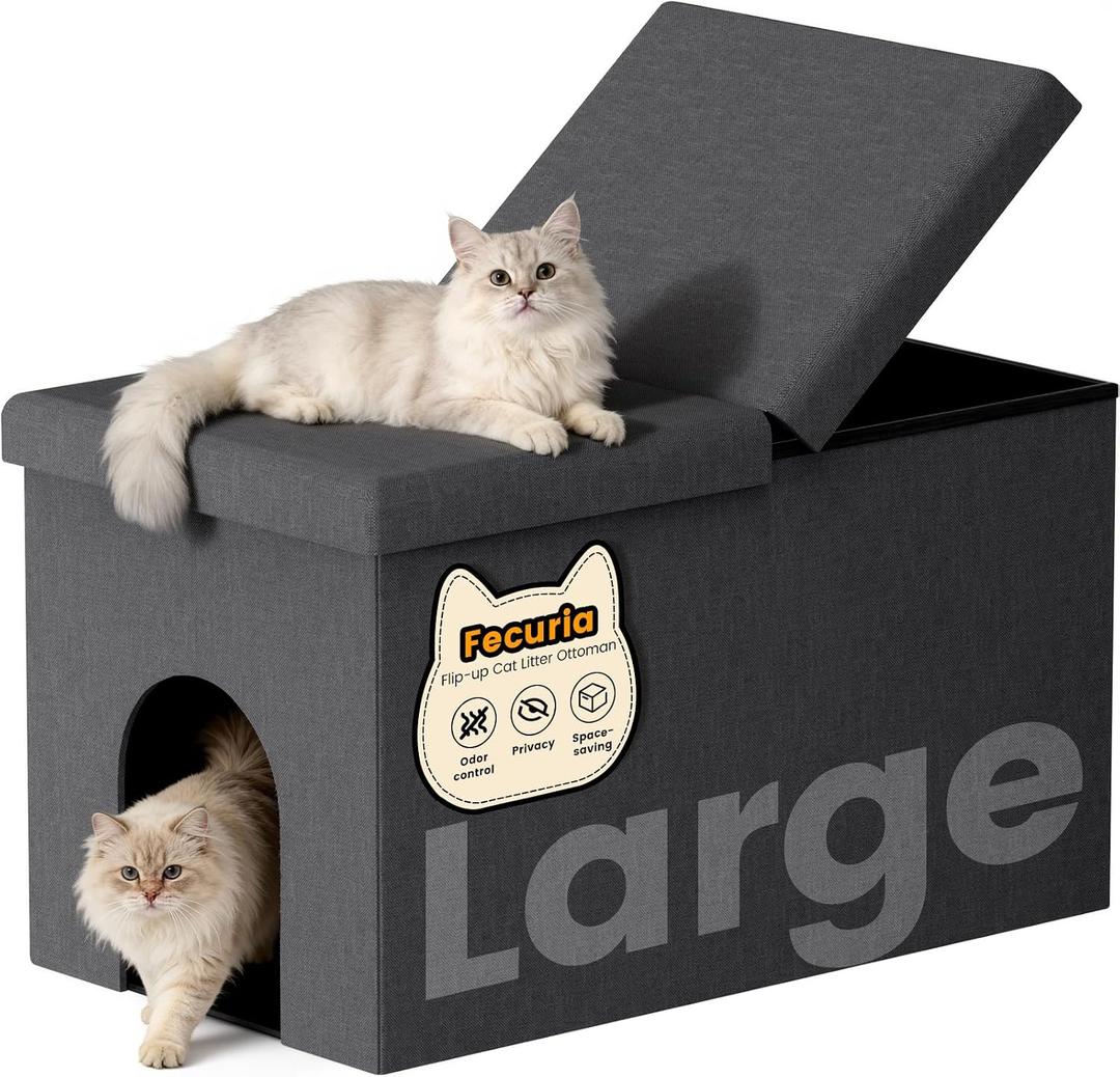 3-in-1 Cat Litter Box Enclosure with Odor Control, Multi-Functional Hidden Litter Box Furniture Bench, Dog Proof, Space-Saving Ottoman Cabinet with Flip-Up Lid, Storage Footrest, Dark Grey, L