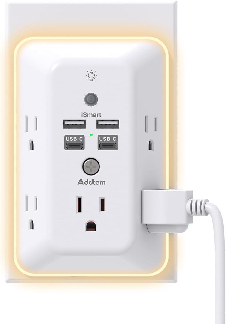 Surge Protector, Outlet Extender with Night Light, Addtam 5-Outlet Splitter and 4 USB Ports(2 USB C), USB Wall Charger Power Strip, Multi Plug Outlet for Home, Office, School, ETL Listed (White)