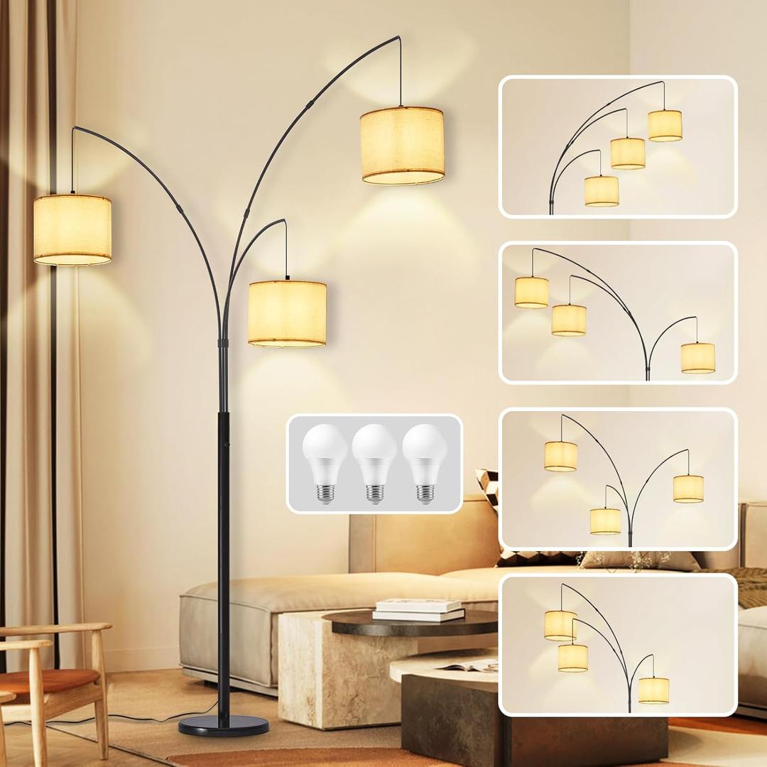 DLLT Modern Floor Lamp for Room: 3Light Black Tree Dimmable Floor Lamps with Beige Shades for Living Room  Arc Standing Lamp for Bedroom  Tall Floor Lamp for Office Corner 3 LED Bulbs Included