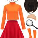 Halloween Costume for Women, Brown Bob Wig, Long Sleeve Turtleneck Crop Top, Skater Skirt (Medium, Orange)