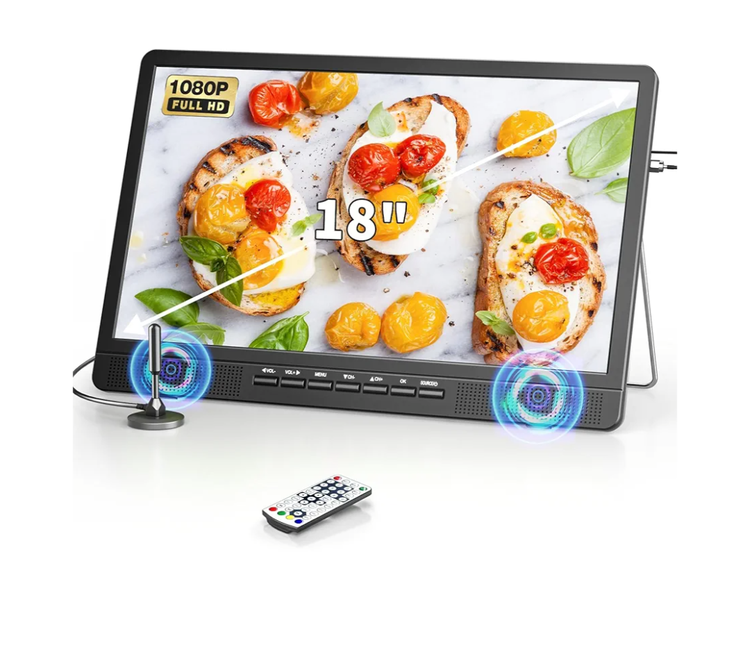 Desobry 18 Inch Portable TV with Antenna, Small TV with 1080P HDMI Input, AV Input, USB Port, Built-in Stand, Small Portable T V for Kitchen Bedroom Camping RV, Remote,