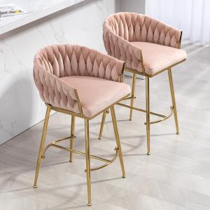 26 Inches Counter Height Bar Stools Set of 2,Kitchen Island Counter Bar Stool with Hand Made Wave-Shaped Back,Golden Chromed Frame,Toothpick Leg and Footrest (Pink, Toothpick Legs with Fixed Feight)