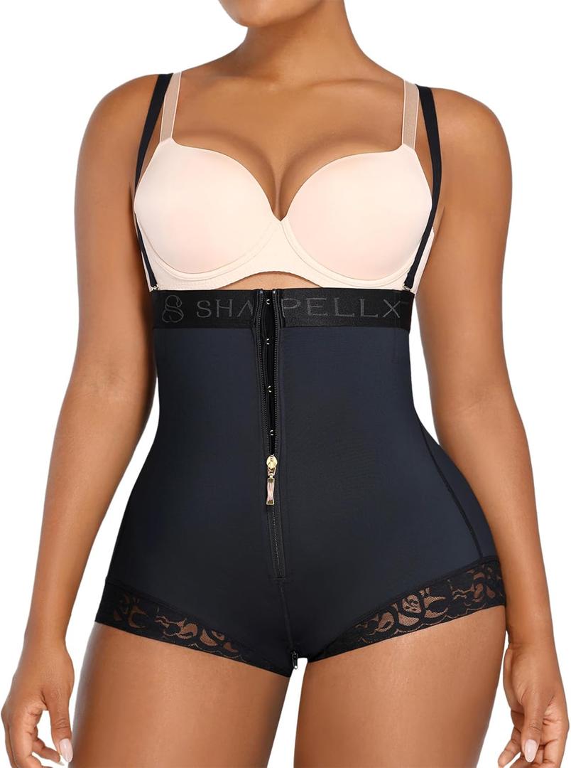 SHAPELLX Fajas Colombianas Shapewear for Women Tummy Control Postpartum Body Shaper Butt Lifting Open Bust Bodysuit (Medium, A1-Black)