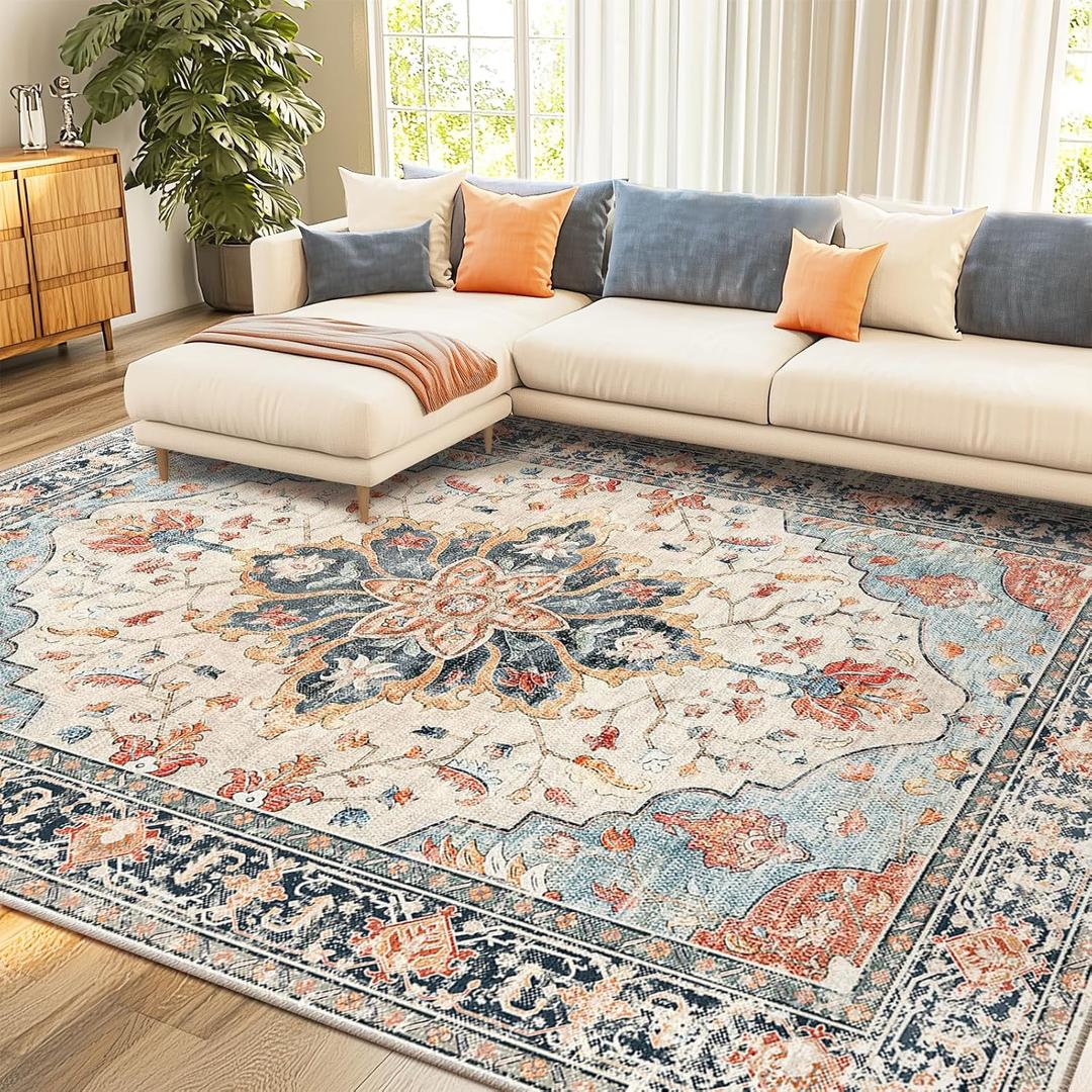 Area Rugs 7'x10' Washable Non-Slip, Floral Vintage Distress Print Pattern Medallion Carpet for Living Room Bedroom Dining Room, Beige Navy Blue Orange Colorful