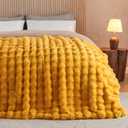 Lotus Karen Faux Fur Throw Blanket Ginger Yellow - Big Bubble Rabbit Fluff Blanket for Couch Bed Sofa,Softest Fluffy Fuzzy Cozy Blanket,Thick Furry Plush Shaggy Warm Blankets for Women,90x90 Inches