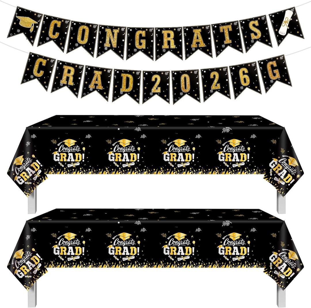 2026 Graduation Party Decorations Set,Graduation Tablecloth & Congrats Grad Banner, Black Gold Graduation Decorations 2026, Class of 2026 Graduation Party Supplies