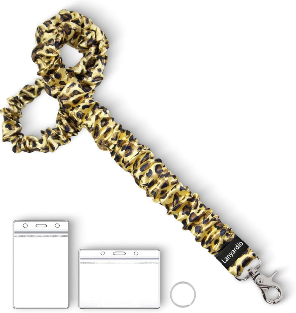 Lanyardio Stretchy Scrunchie Lanyard for ID Badges Keys, Cute Teacher Lanyard for Women with 2 Card Holders 19.6 Inch (Leopard Print)