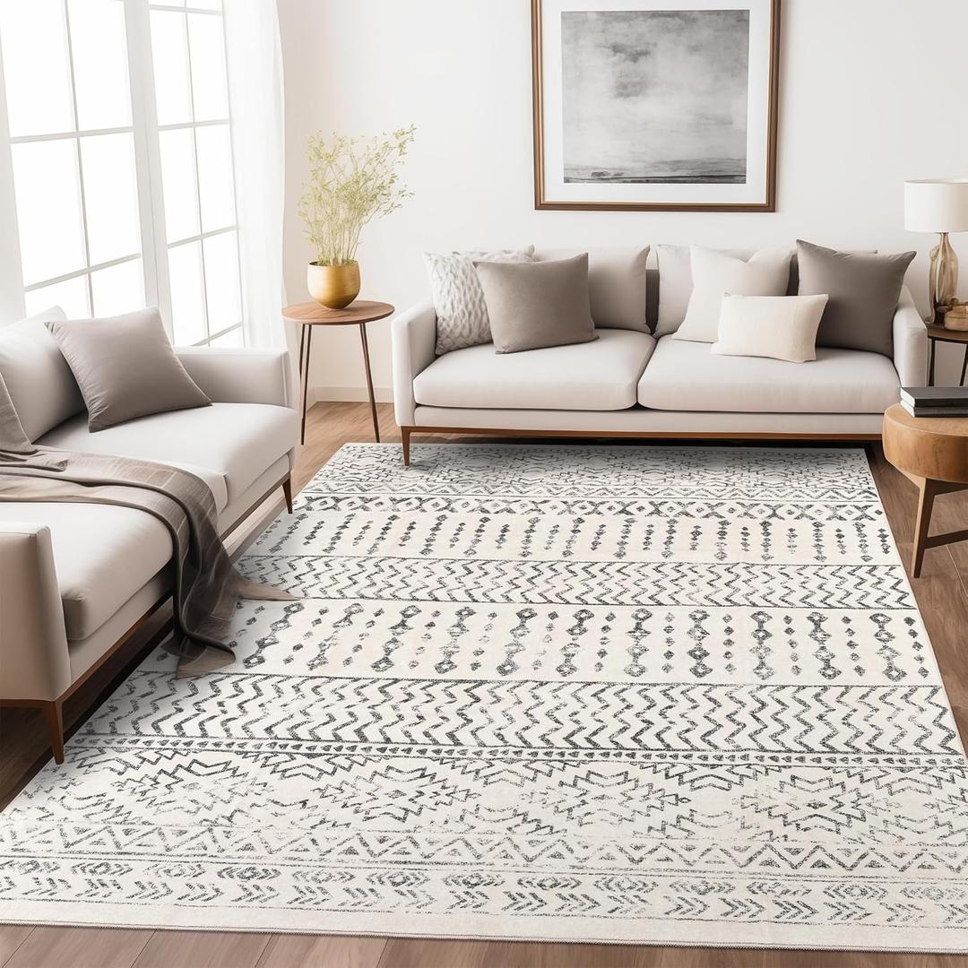 Art&Tuft Area Rug 5x7, Super Soft Ultra-Thin Moroccan Washable Rugs 5x7, Anti-Slip Backing Rugs for Living Room, Foldable Geometric Machine Washable Area Rug(5'x7', Ivory)