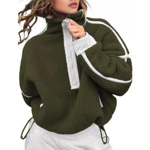 Kumufenc Women's Fleece Sweatshirts Half Zip Pullover Long Sleeve Oversized Workout Crop Tops Hoodie With Pocket (Large, Green)