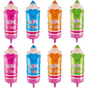 8Pcs Back to School Balloons Decorations Pencils Foil Mylar Balloons Pink Blue Orange Green School is Cool Pencils Balloons for Welcome Back to School Party Decorations