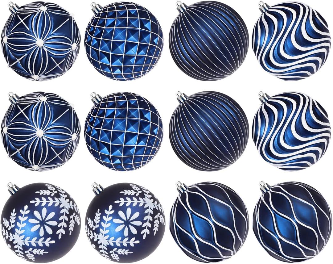 Lanpn 12 Pcs 4" Large Christmas Balls Ornaments, Outdoor Xmas Tree Hanging Decorations, Shatterproof Christmas Ball Ornament Set for Home Winter Holiday, Assorted Relief Pattern, Blue & White