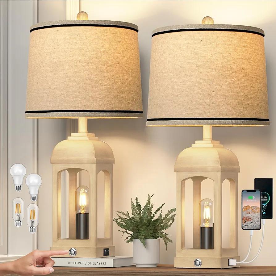 QiMH Table Lamp for Living Room, Farmhouse Lamps Set of 2 with USB A+C and Nightlight, 26" Rustic Bedside Lamps with 3-Way Dimmable Touch Control, Nightstand Lamp for Bedroom Decor, Beige