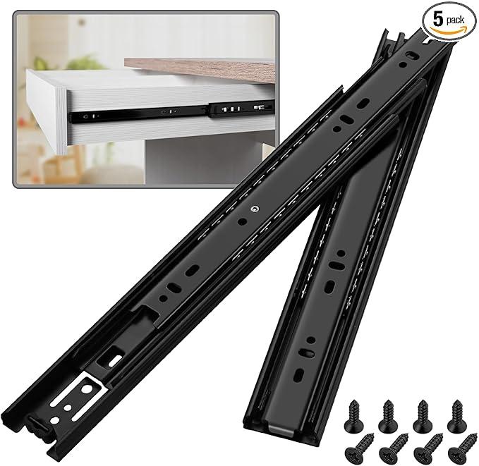 BAIDICE 5 Pair Full Extension Ball Bearing Drawer Slides 8 10 12 14 16 18 20 22 24 Inch 100 LB Load Capacity Side Mount File Cabinet Rails Dresser Metal Runner Trash Can Kitchen (12 inch, Black)