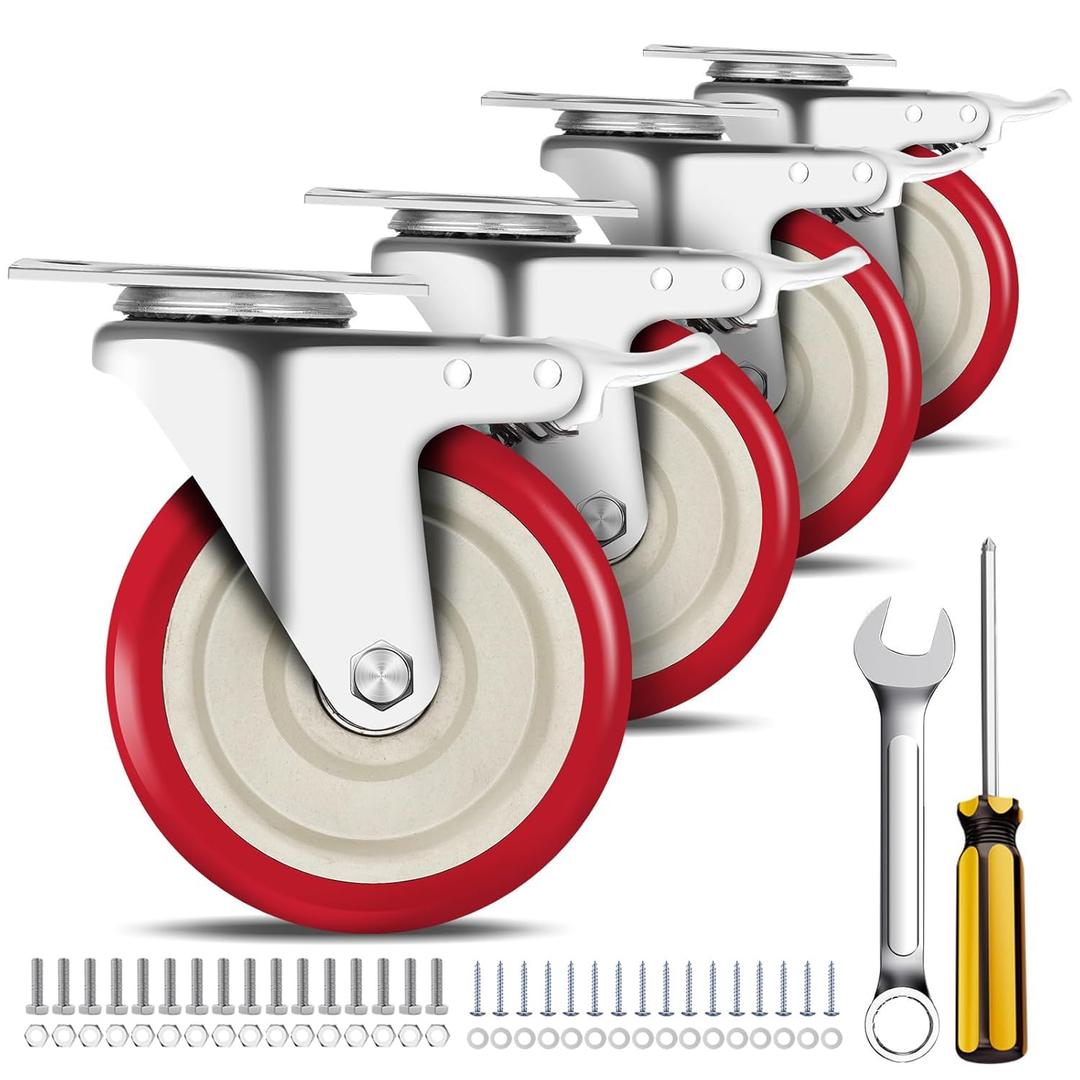 5 Inch Heavy Duty Caster Set of 4, Swivel Plate Castor Wheels with Dual Locking Brakes, Silent Polyurethane (PU) Wheels, 360 Rotation, 2800lbs Load Capacity