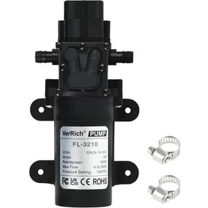 VerRich DC 12V Water Pump 116PSI 8 Bar Diaphragm Pump with Pressure Switch 4L/Min 1GPM High Pressure Pump 3/8" 10mm Connector with 2 Adjustable Hose Clamp for Water taps,Motorhome,Caravan