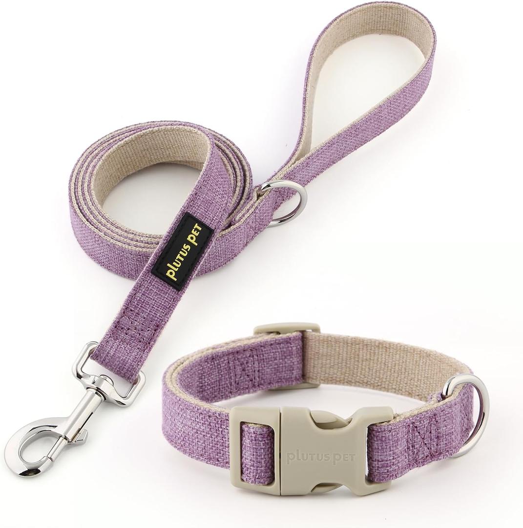 Plutus Pet Cotton Hemp Dog Collar and Leash Set, Adjustable Collar for Dogs, Heavy Duty and Soft on Skin, Lavender, S