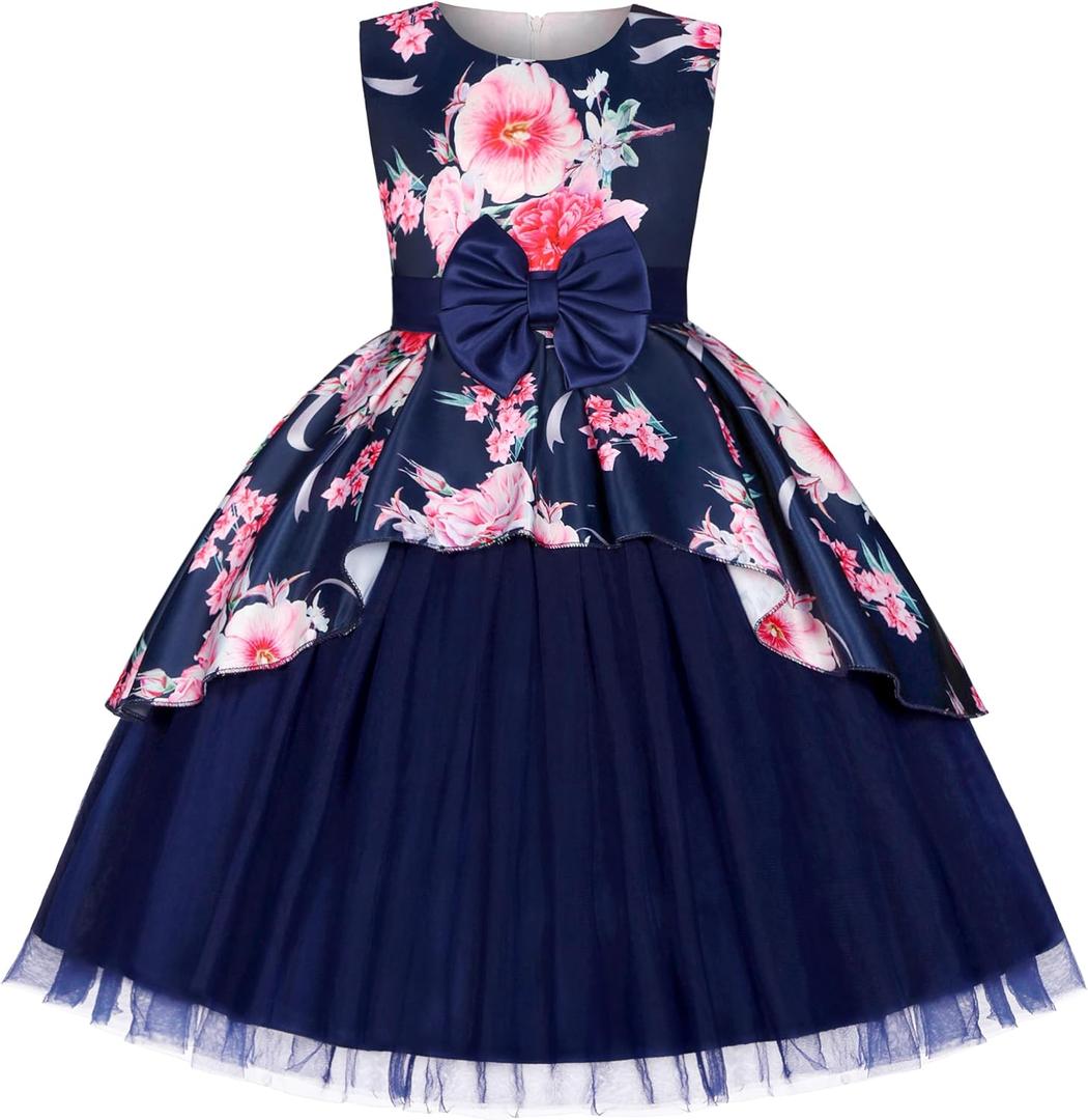 Girls Dress Sloping Bridesmaid Wedding Princess Children's Bow Birthday Ball Party Show Evening Lavender (Blue) Size 120 