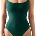 SUUKSESS Women Sexy Square Neck Thong Bodysuit Backless Cami Bodysuit Top (Small, Dark Green)
