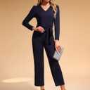 Allegra K Women's V Neck Jumpsuit Long Sleeve Tie Waist Wide Leg Long Pants Elegant Knit Jumpsuits (Black, L)