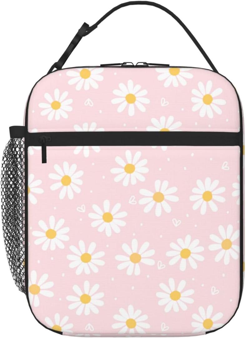 2 x Pink Daisy Flower Insulated Lunch Bag,Kids Lunch Box for Girls Boys Teens