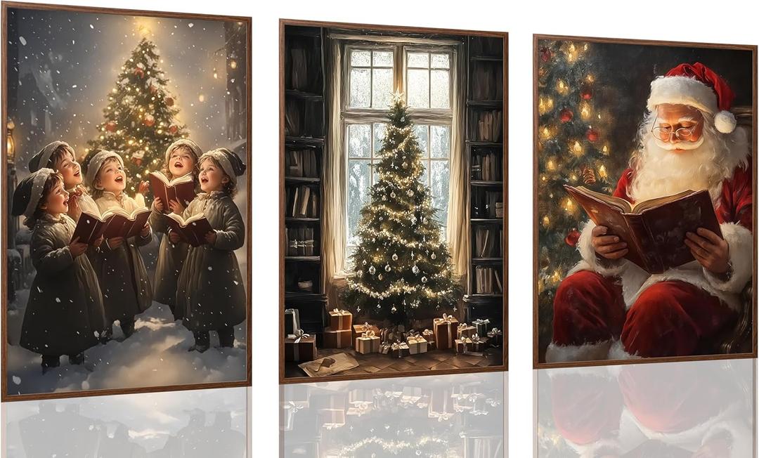 3pcs Christmas Prints Wall Art - Festive Christmas Tree with Gifts Paintings Children Caroling Poster Santa Claus Reading Picture Wall Decor for Home Living Room Bedroom Christmas Holiday Decor Unframed (12x16)