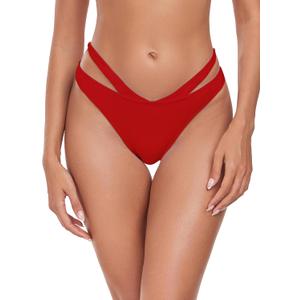 Women's Adjustable Swim Bottoms High Cut Low Waisted Bikini Bottoms Cheeky Bathing Suit Bottoms (Large, Red)