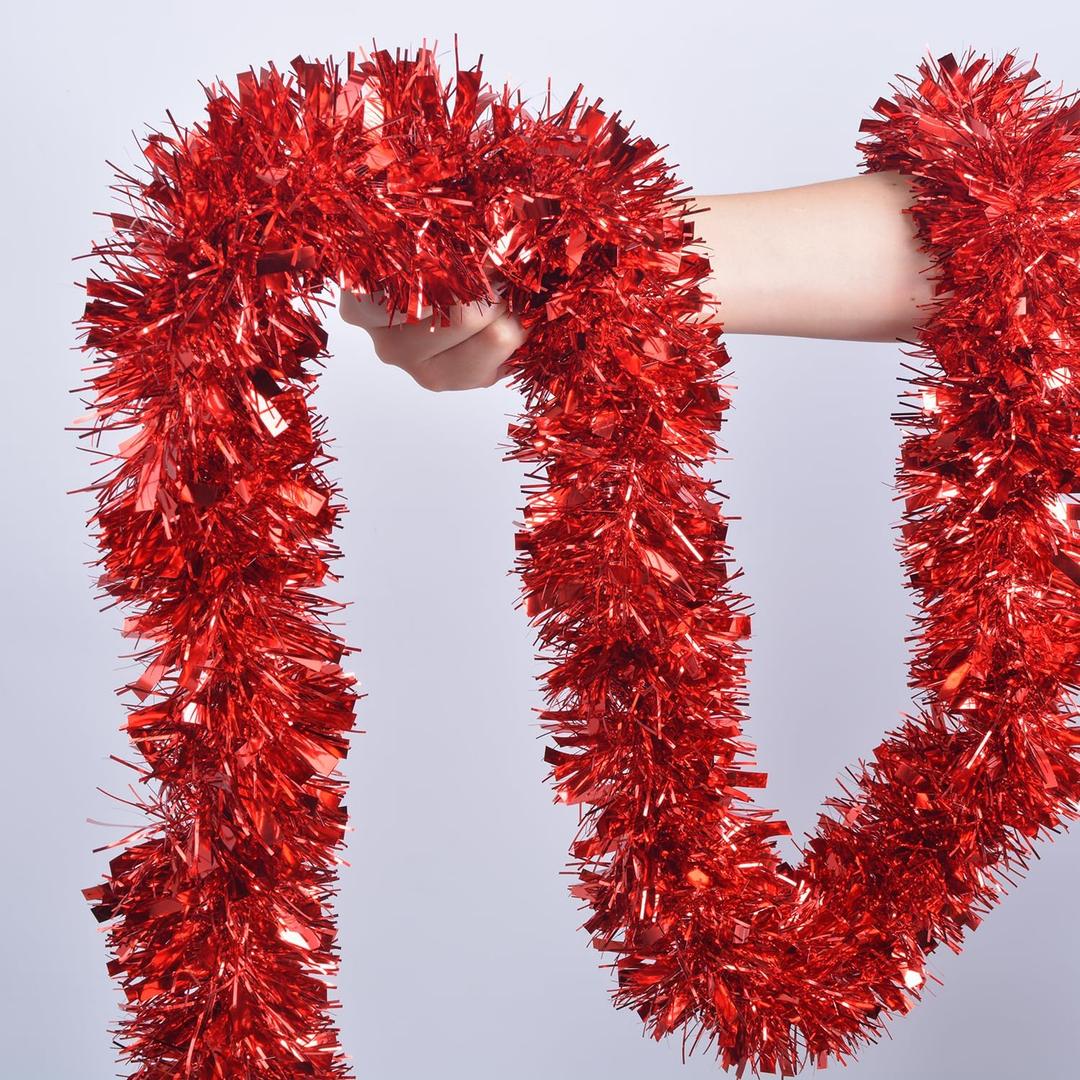 Red Tinsel Garland 49.2Feet Christmas Party Decorations Xmas Tree Garland for Twist Hanging Ceiling Indoor Outdoor Christmas Tree