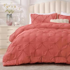 BEDELITE Coral Queen Comforter Set - 3 Pieces Boho Pintuck Bedding Comforter Sets, Lightweight Soft & Warm Bed Comforter Queen with 2 Pillowcases for All Season (Queen(88"x88"))