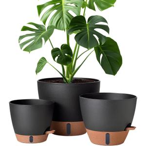 12/10/8 Inch Self Watering Pots for Indoor Plants Plastic Large Plant Pot for Outdoor Plants, Water Level Window & Spacious Reservoir Flower Pots Decorative Planter with Drainage and Tray (Black)