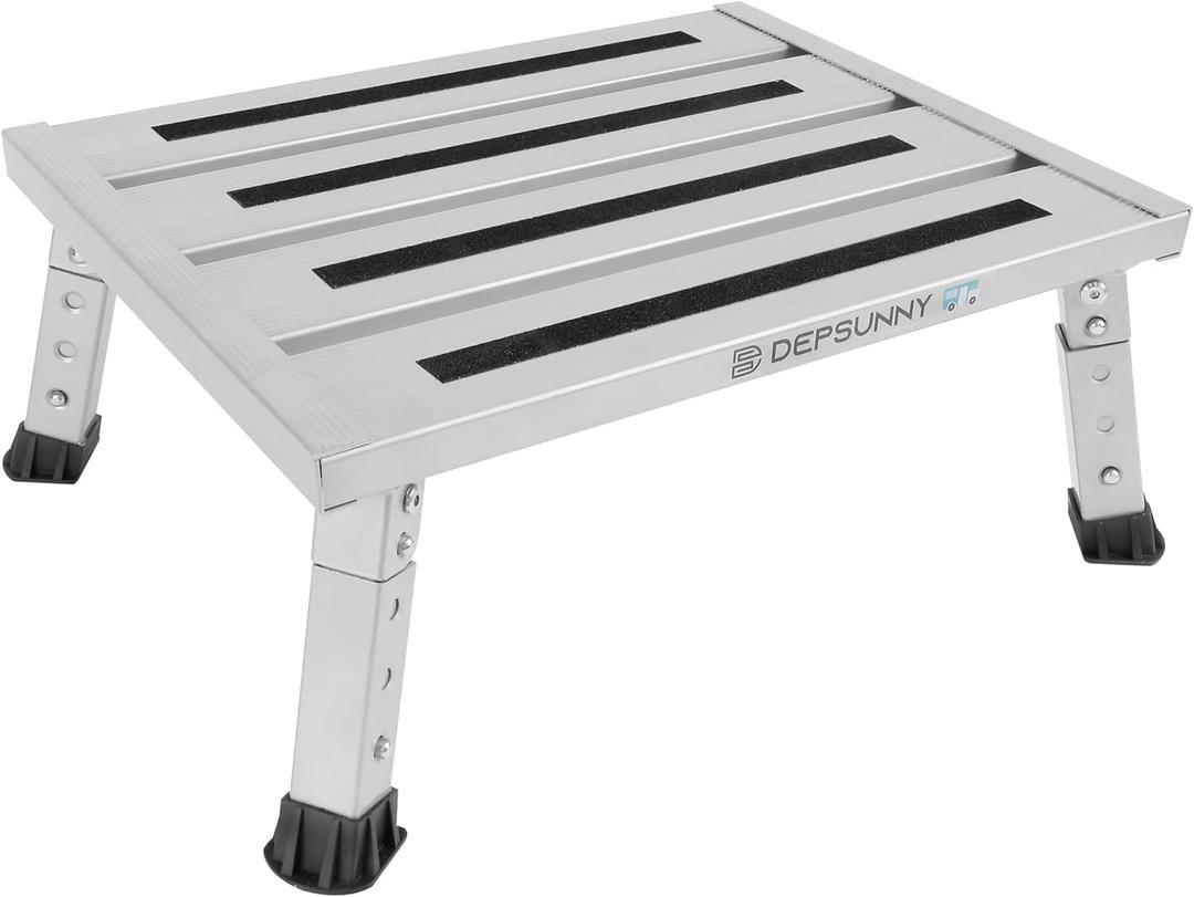 Adjustable Height Aluminum RV Step, Stable Foldable Platform Step Stool, Supports Up to 1,000 lb, Non-Slip Rubber Feet and Platform Mat, Easy to Carry (Silver)