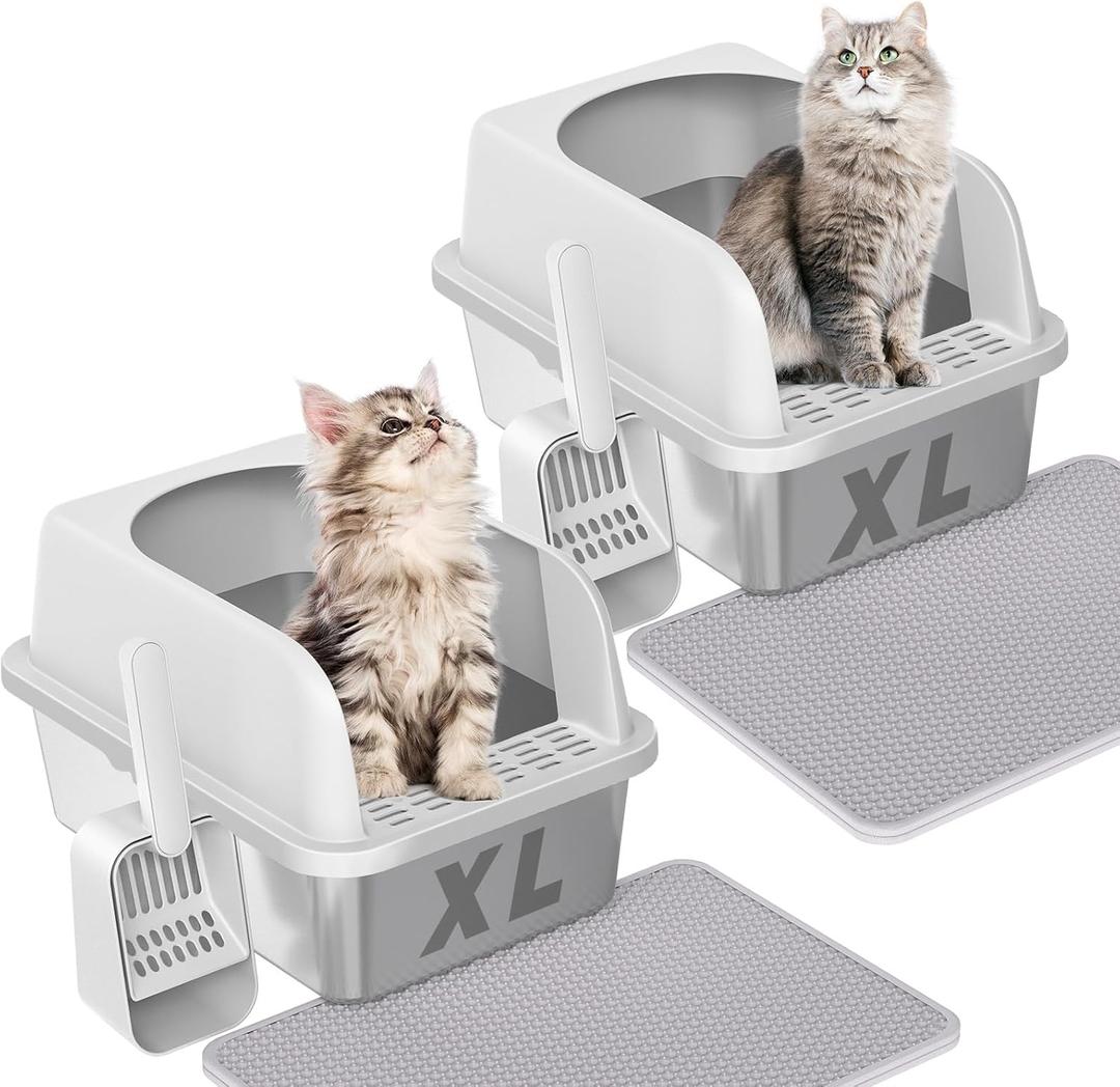 Prodigen Extra Large Stainless Steel Cat Litter Box with Lid High Wall Sides Enclosure, Non-Sticky, Anti-Leakage, Easy Cleaningwith Cat Mat & Metal Scoop, 24" L x 16" W x 12" H, 2 Pack