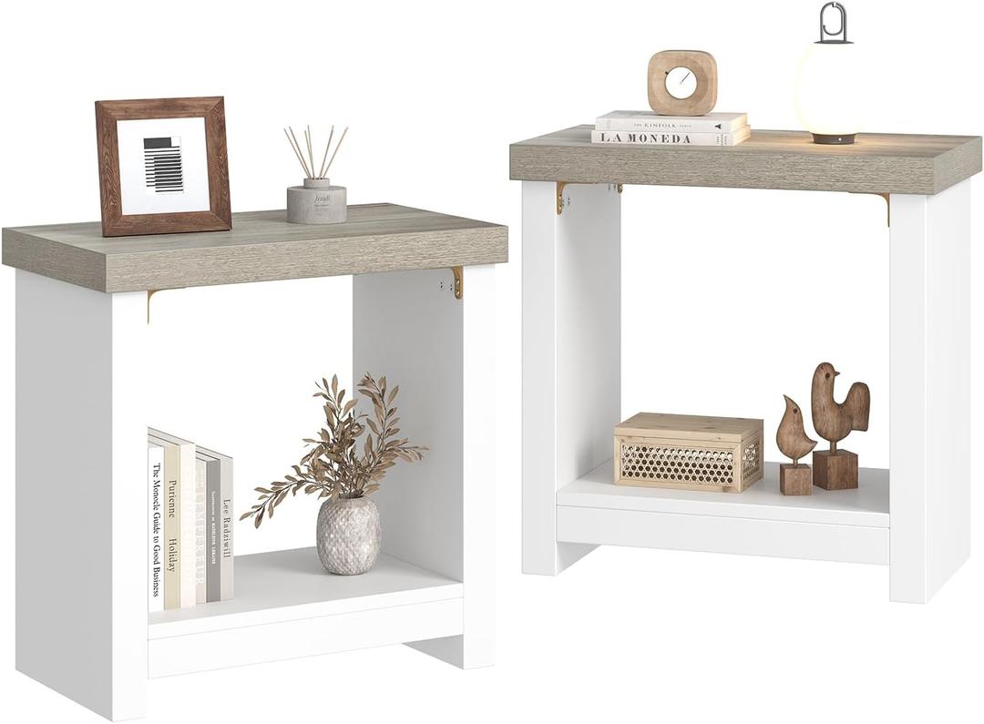 End Tables Set of 2 for Living Room, Narrow Side Tables with Storage Shelves, Square End Table for Bedroom, Slim Nightstand, Skinny Rectangle Accent Table, Farmhouse Bedside Table, White + Gray, 23.62 x 11.81 x 23.62 inches