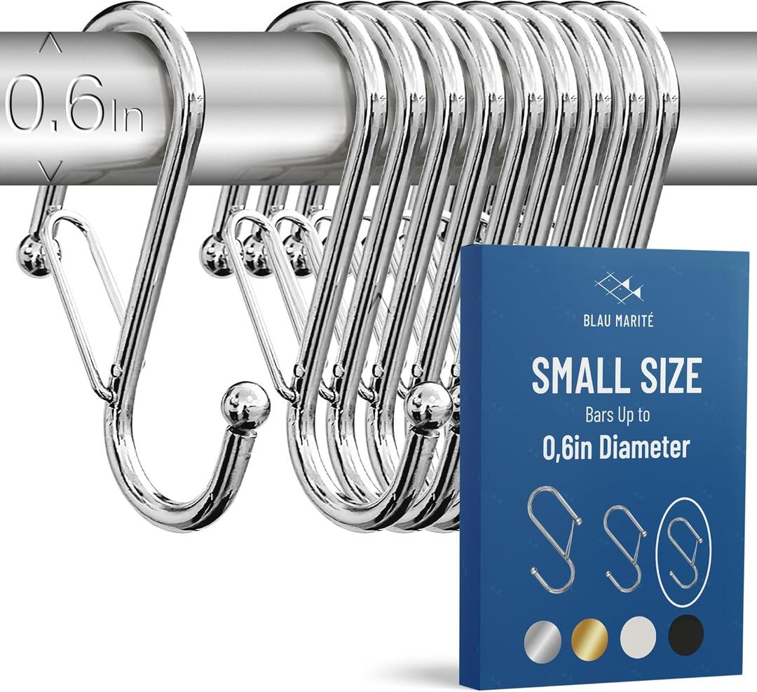 Blau Marité 10-Pack Metal S Hooks for Hanging – Heavy-Duty S-Shaped Hooks with Safety Buckle – Fits Bars up to 0.6 In – Anti-Drop Hook for Kitchen, Pot Racks & Towel Bars – Silver (Small)