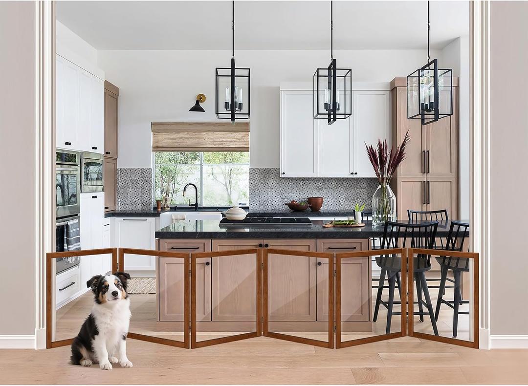 LZRS Extra-Wide Clear Dog Gate for Indoor Use - Transparent Pet Fence with Solid Hardwood and Plastic Board, Stylish & Durable freestanding Pet Gate for Doorways, Stairs and Hallways-6 Panel Cherry