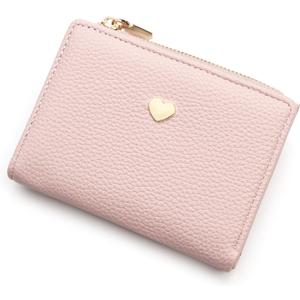 defway Small Card Wallet for Women - Slim Card Holder for Women, Small PU Wallet with 10 Card Slots & Coin Pocket, Compact Lychee Grain Purse, Heart Accent Gift (Pink)