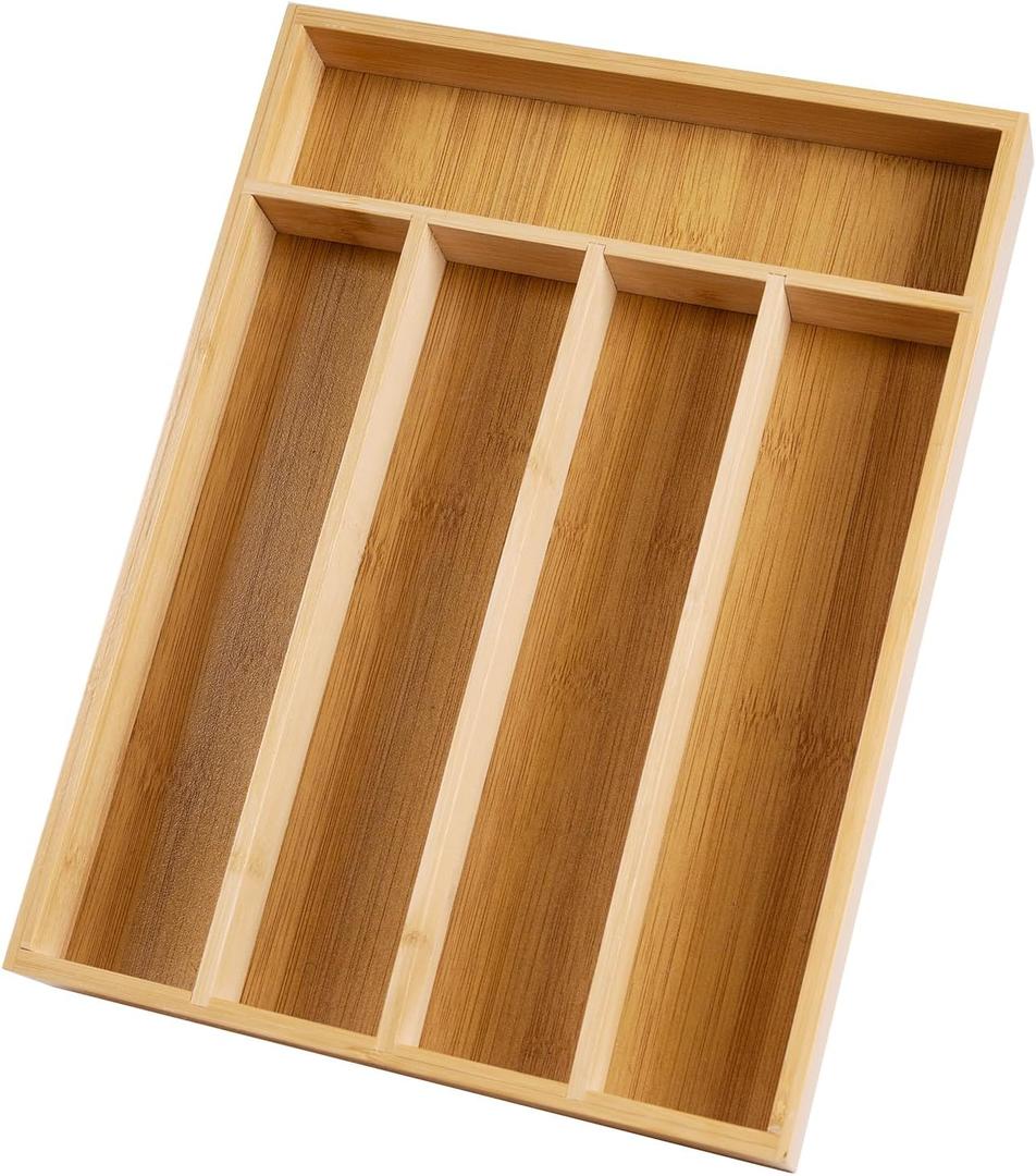 Silverware Organizer Bamboo Kitchen Drawer Organizer Kitchen Utensil Organizer with 5 Slots Flatware Organizer Tray for Kitchen, Flatware, Utensils(Natural)