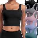 Womens Sports Bras 5 Packs - Square Neck Longline Workout Crop Tank Tops Padded Yoga Camisole with Built in Pads (Small, 5 Packs - Black/Dark Gray/Lilac Pink/Blue/Teal)