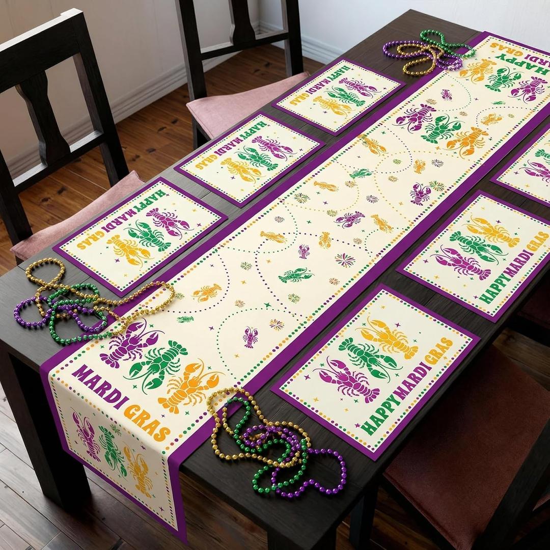 Newwiee 7 Pcs Mardi Gras Beads Table Runner and Placemats Set Table Decorations 13 x 72 Inch Crawfish Runner 12 x 18 Inch Carnival Happy Mardi Gras Holiday Kitchen Dining Home