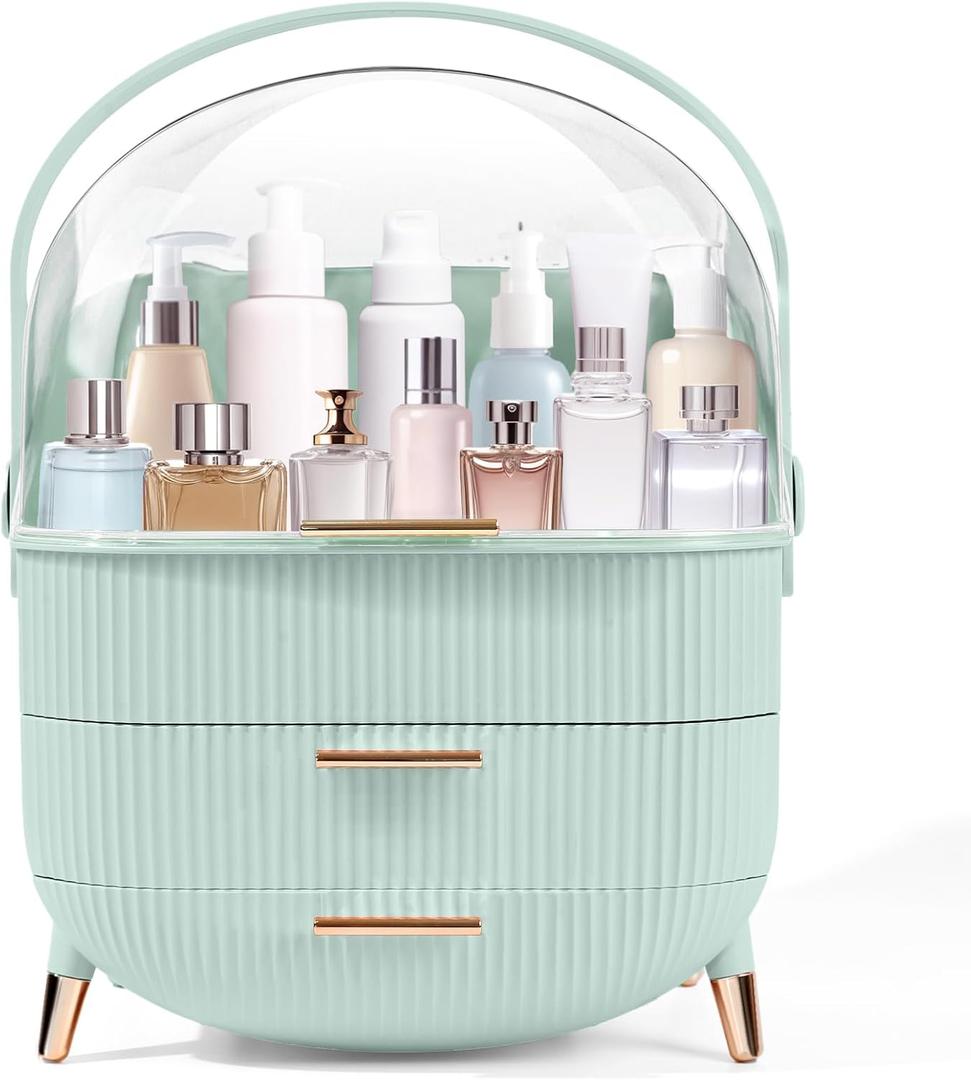 RMAN Makeup Organizer for Vanity Make up and Cosmetics Storage with Lid and Drawers Skincare Organizers Display Cases for Countertop Bathroom Dresser(Light Green)