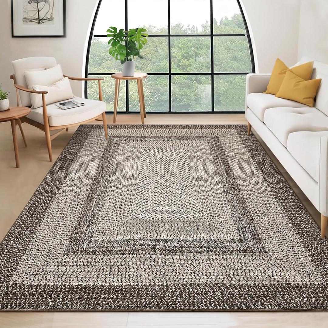 RUGSREAL Large Bedroom Rug 6x9 Washable Braided Print Living Room Rugs, Mocha