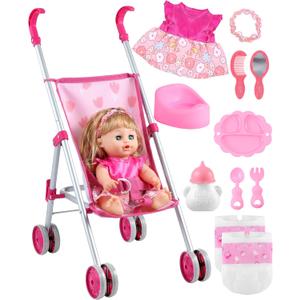GAGAKU Baby Doll Stroller Playset with 12-inch Doll & Accessories, Foldable Lightweight Toy Stroller for Toddler Girls Kids Ages 1-6, 12" Baby Doll and Accessories Included - Tulip Pattern