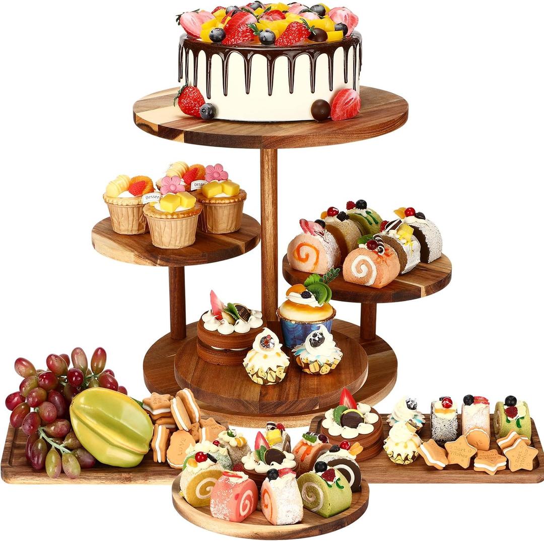 Hushee 4 Pcs Wood Round Cupcake Tower Stand with Serving Platters Trays Set, 4 Tier Wooden Cake Stand Tray with 1 Round Dinner Plate 2 Rectangular Plates for Dessert Snack Party, (Brown)